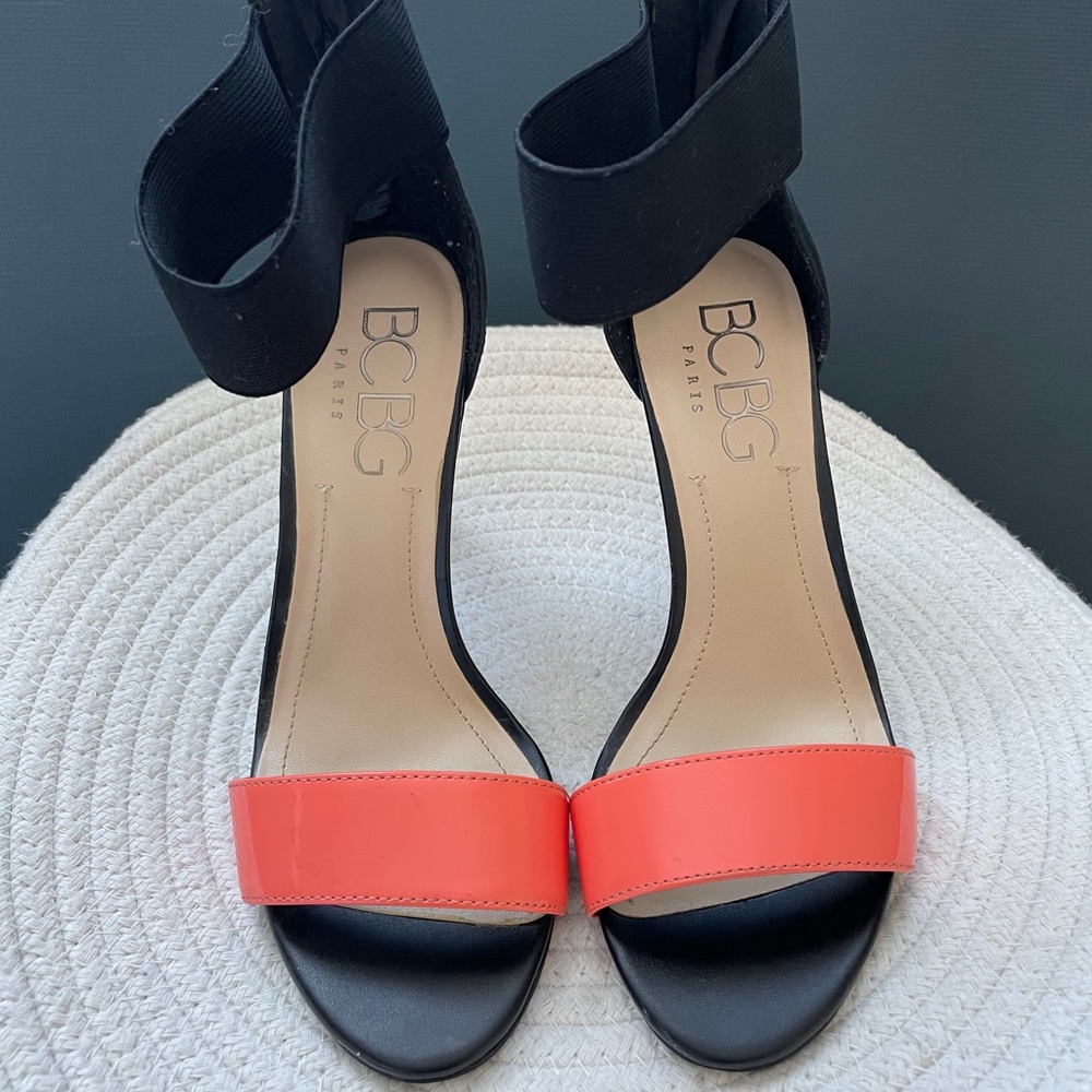 BCBG black and coral strap stiletto sandal